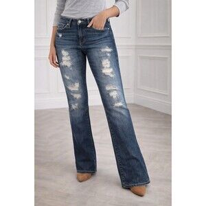 Decree Women’s Distressed Straight Jeans Dark Wash Ripped Denim Mid Rise NWT